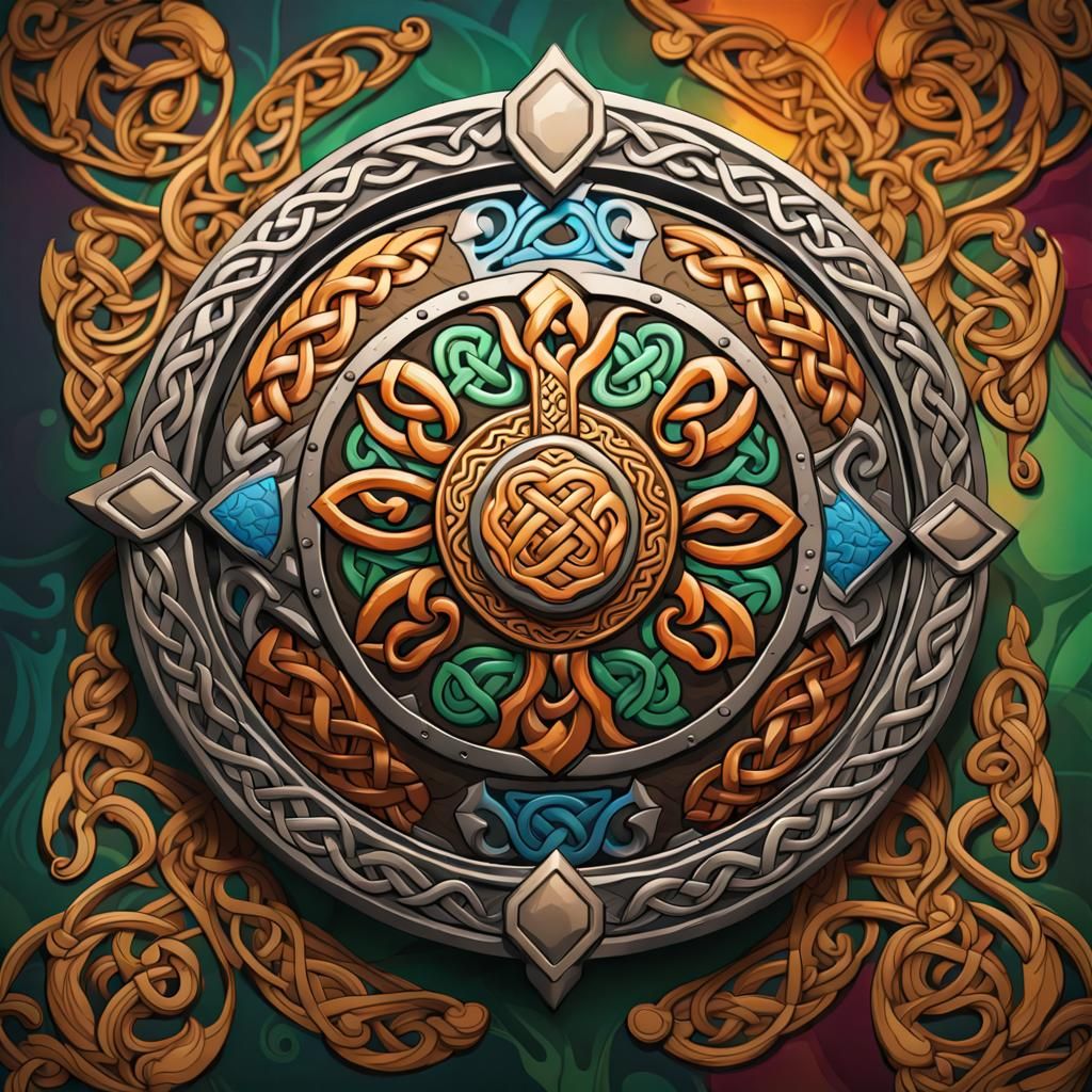 Ornate Celtic shield with folk motifs