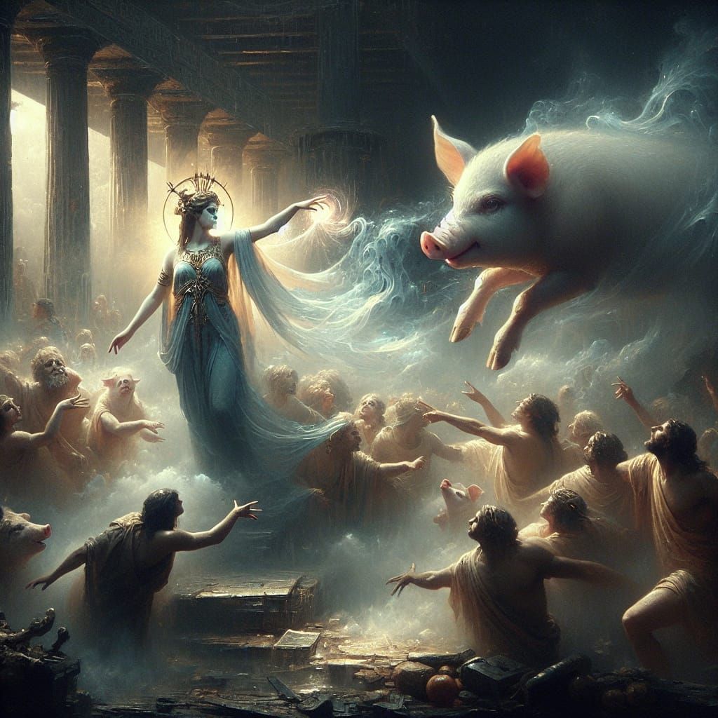 Circe's Transformation: A Hyperrealistic Odyssey Scene