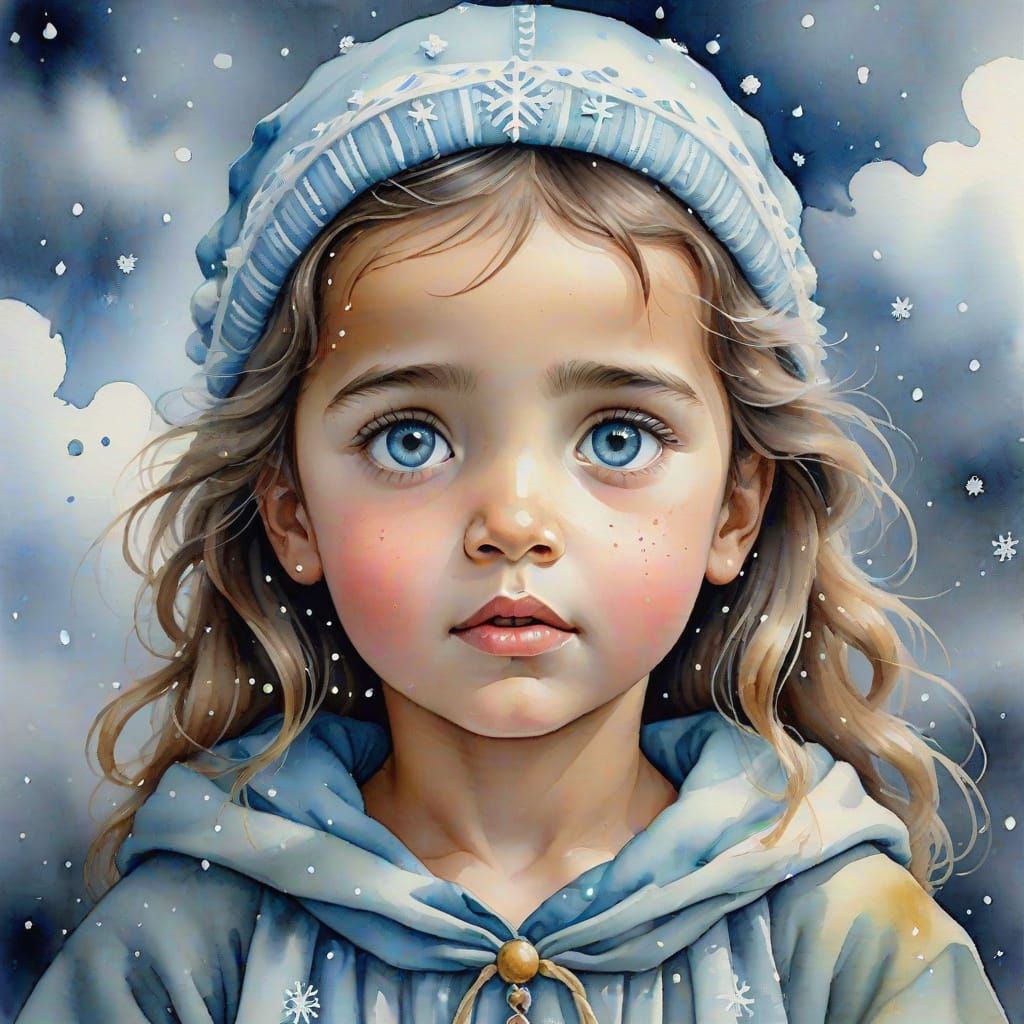 Angel Child Playing with Snowman in Wet Watercolor Style