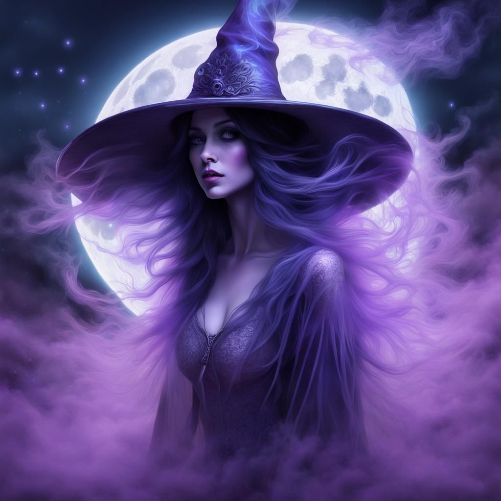 Glowing Wispy Witch Ghost with Bioluminescent Moon