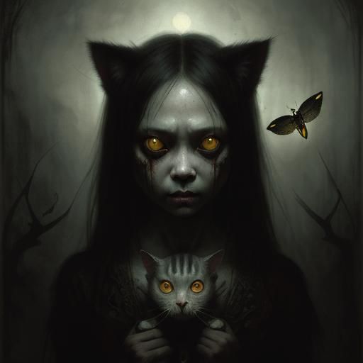 Creepy Indonesian Girl with Cat Eyes in Darkness