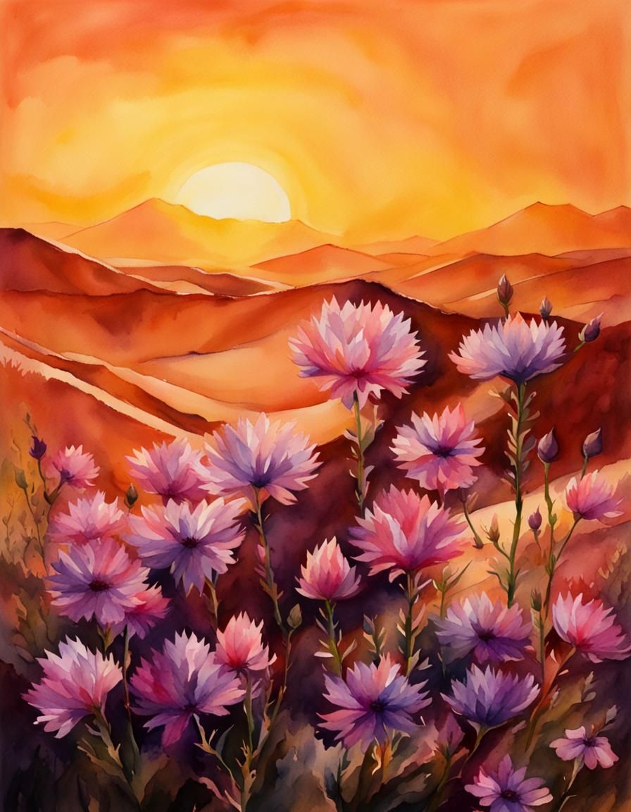 Watercolor Pink and Purple Cosmos in Desert