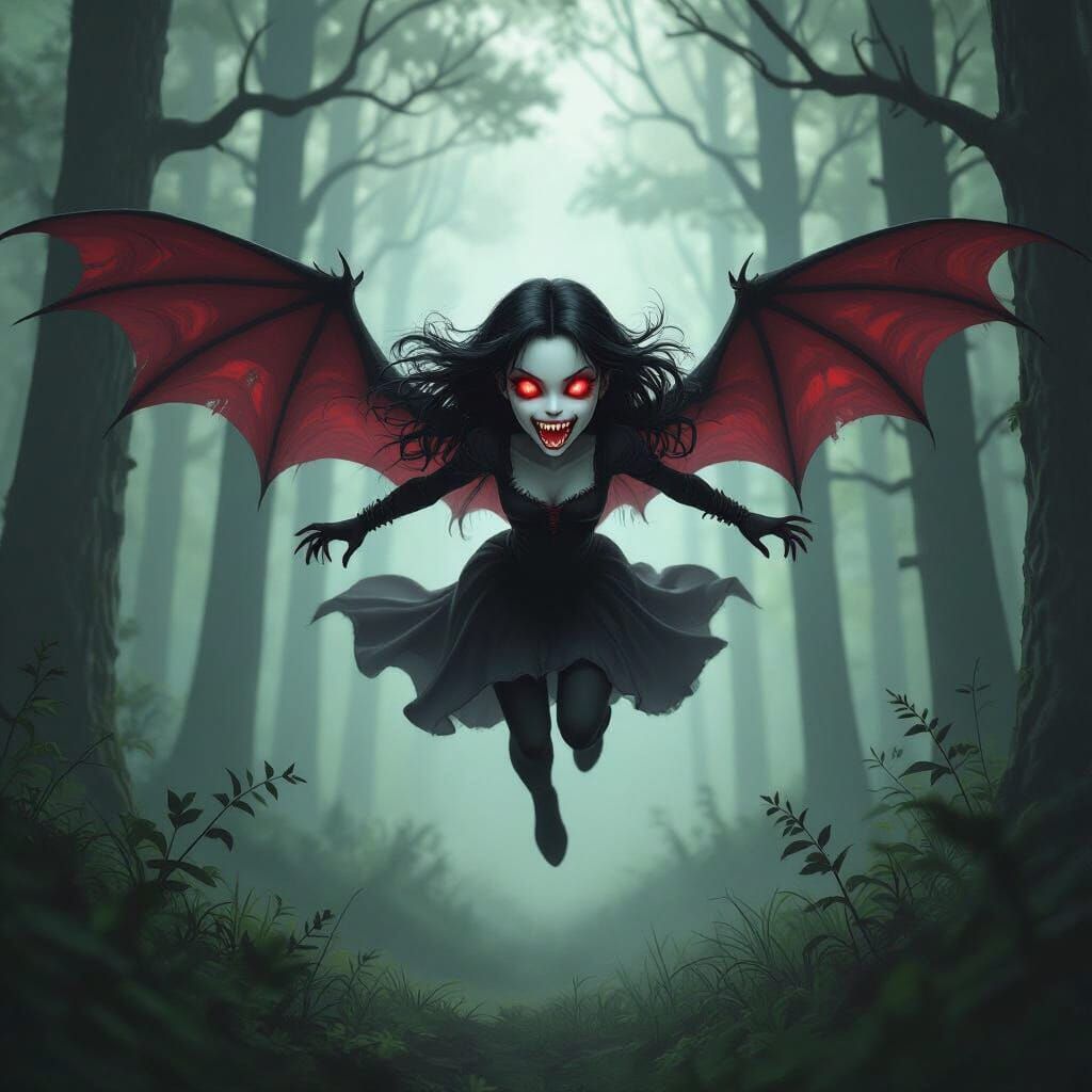 Ghostly Vampire Girl Descends Through Dark Forest