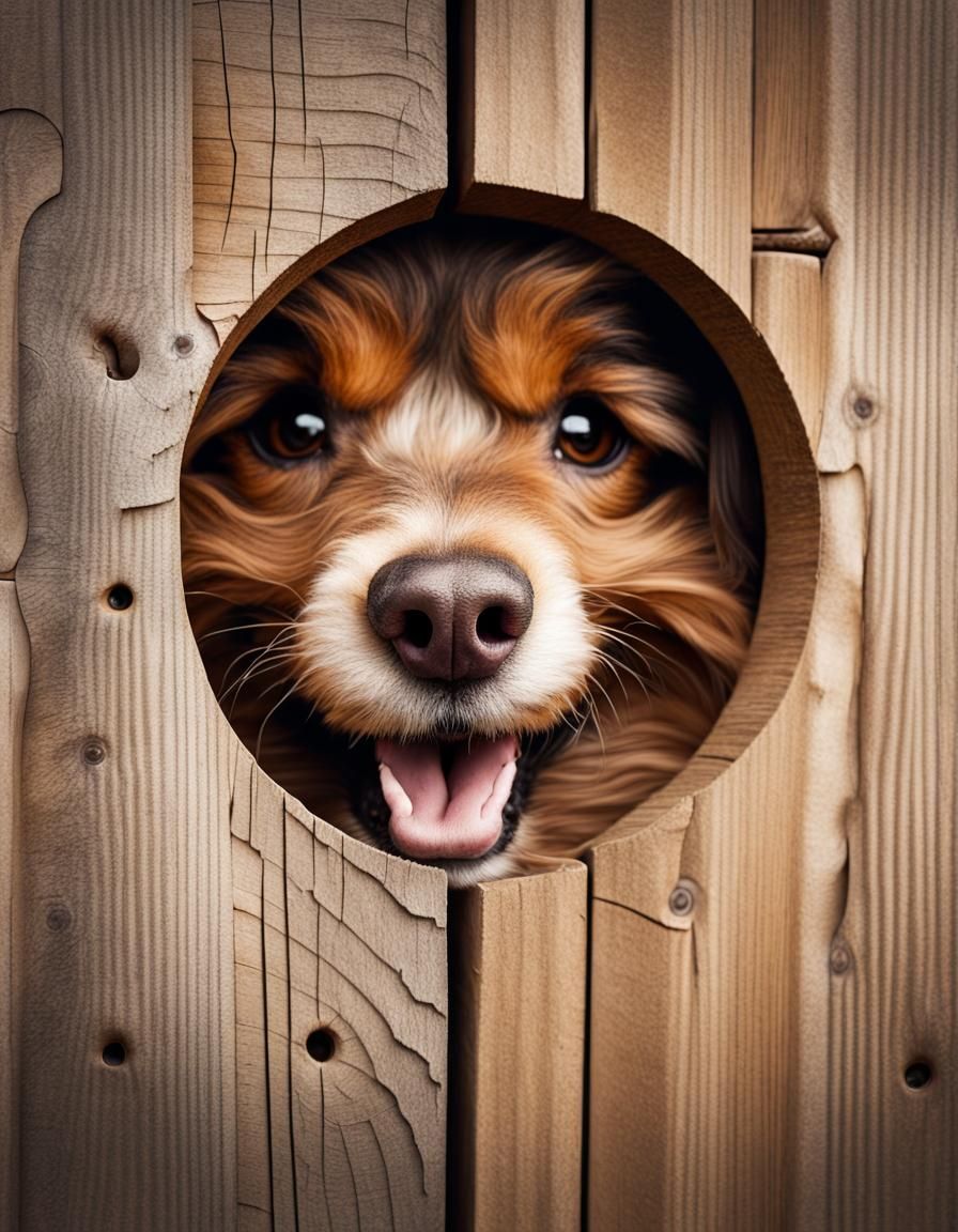 Cute Dog Smiles Through Wooden Fence