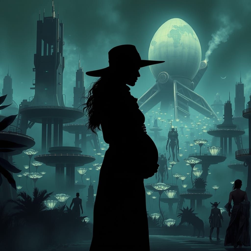 Pregnant Silhouette in Dystopian Alien Cityscape