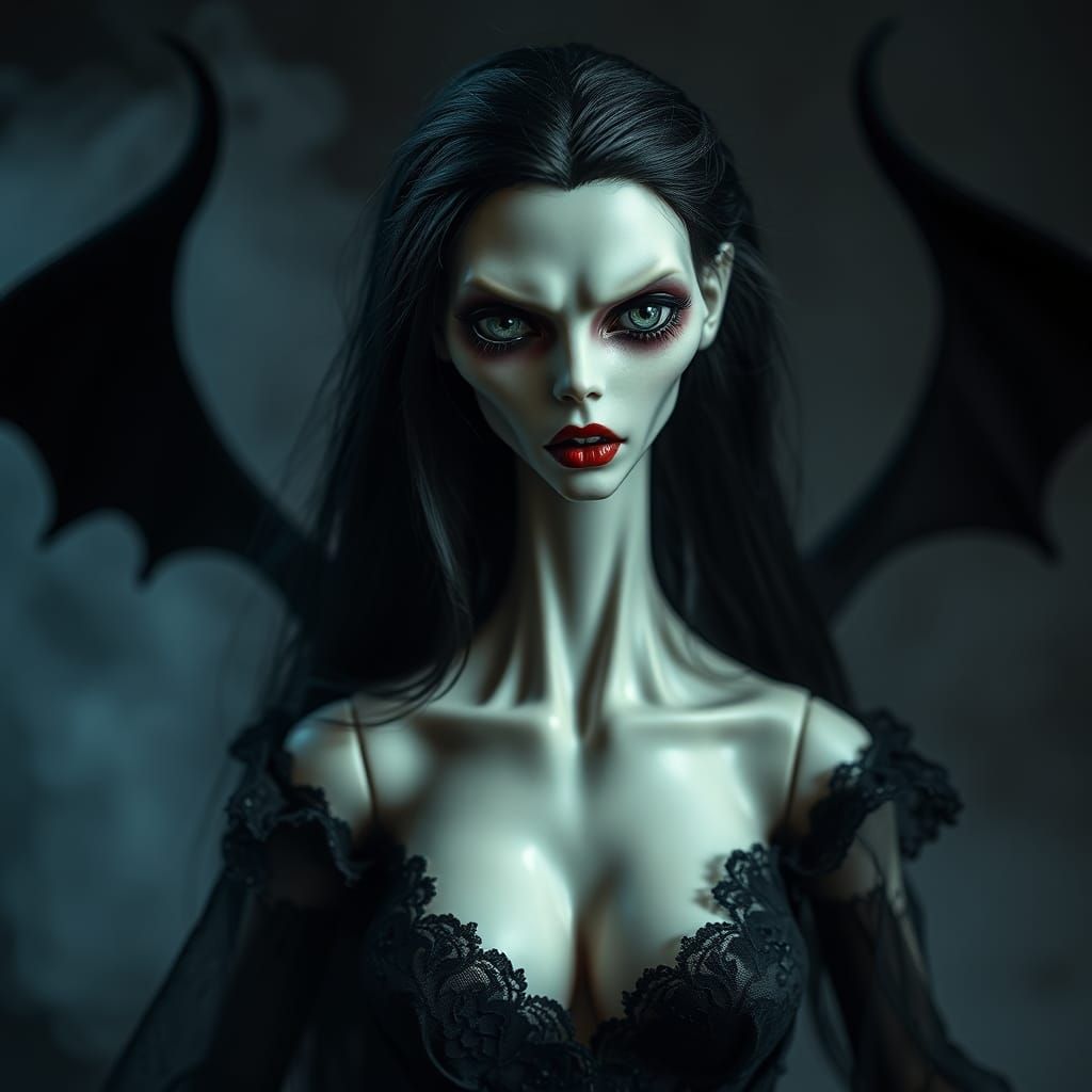 Ominous Porcelain Monster Doll in Black Lace