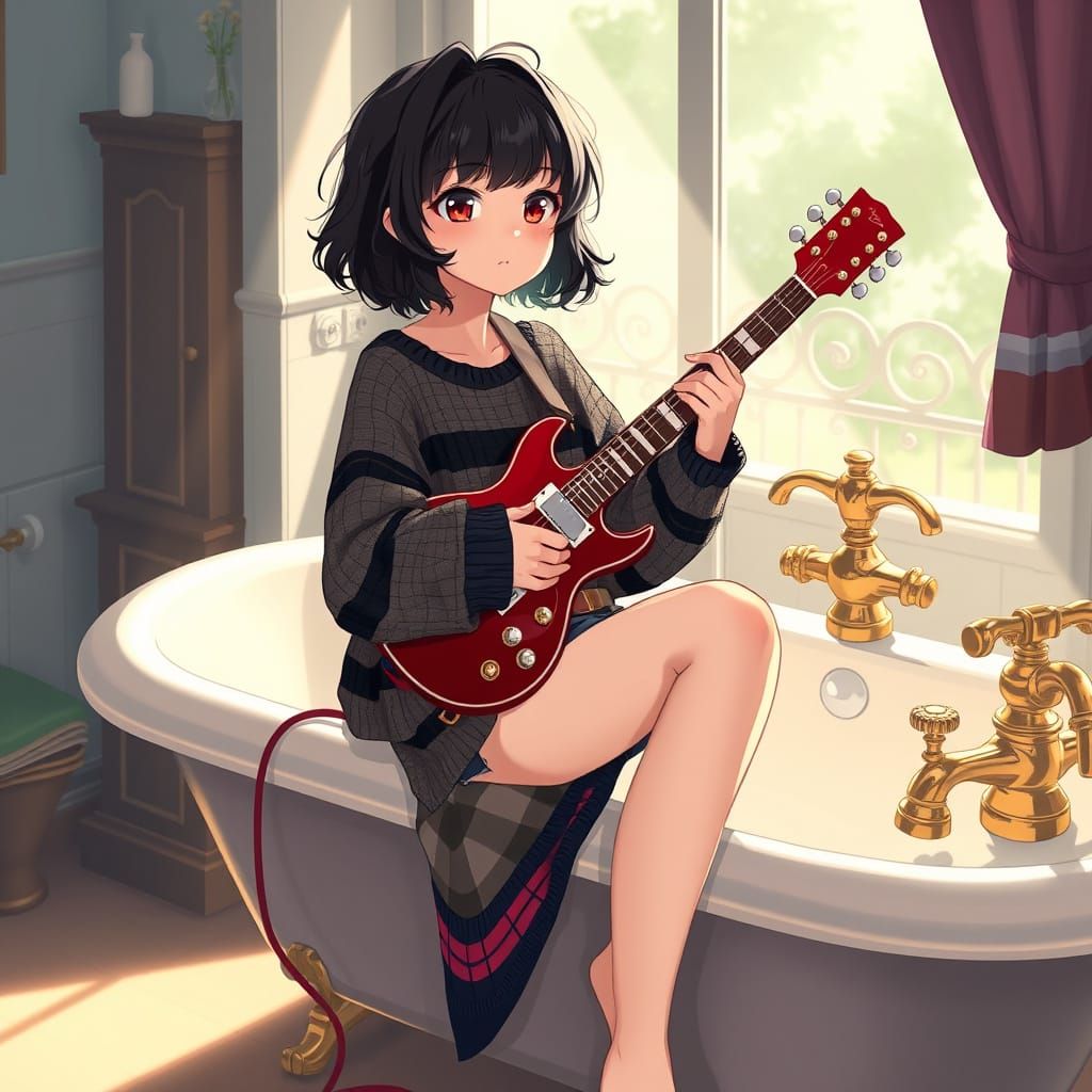 Vibrant Anime Girl with Guitar in Whimsical Bath Scene