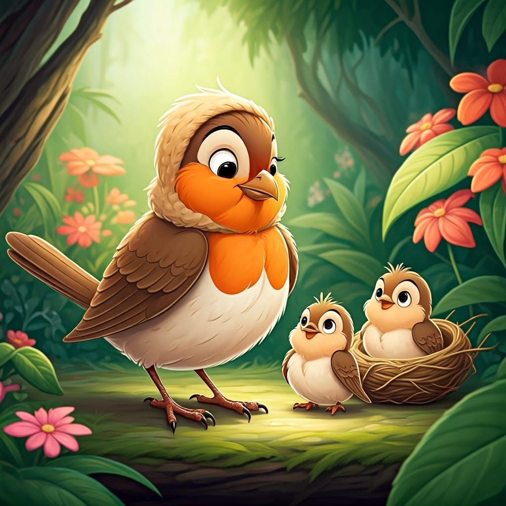 Cartoon Robin Family in Lush Forest, Animated Style
