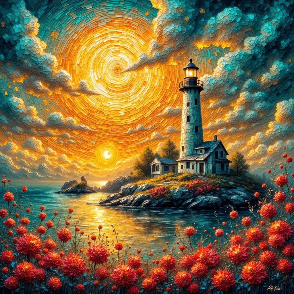 Surreal Mosaic Lighthouse at Sunset
