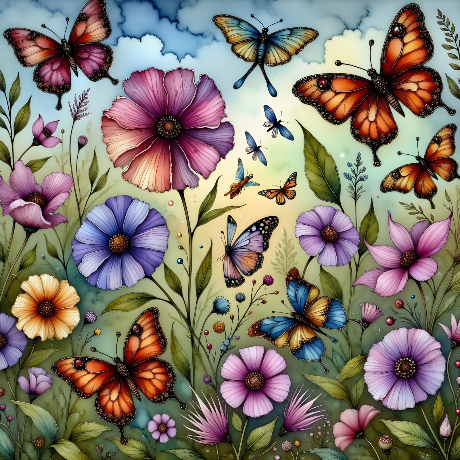 Summer Meadow Scene in Earthy Tones