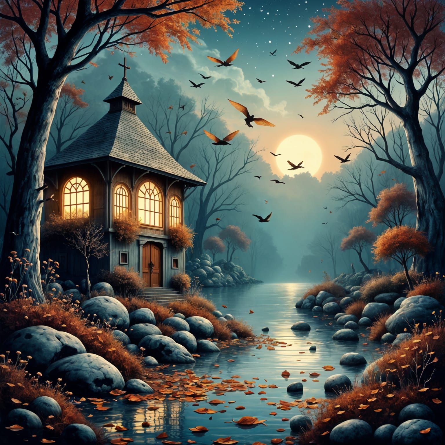 Ethereal Fantasy Birds Fly Under Starry Night Sky