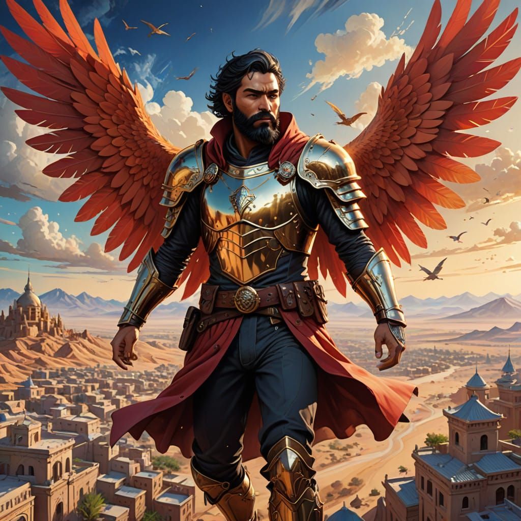 Elegant Knight Soars Above Desert City in Vibrant Neo-Impres...