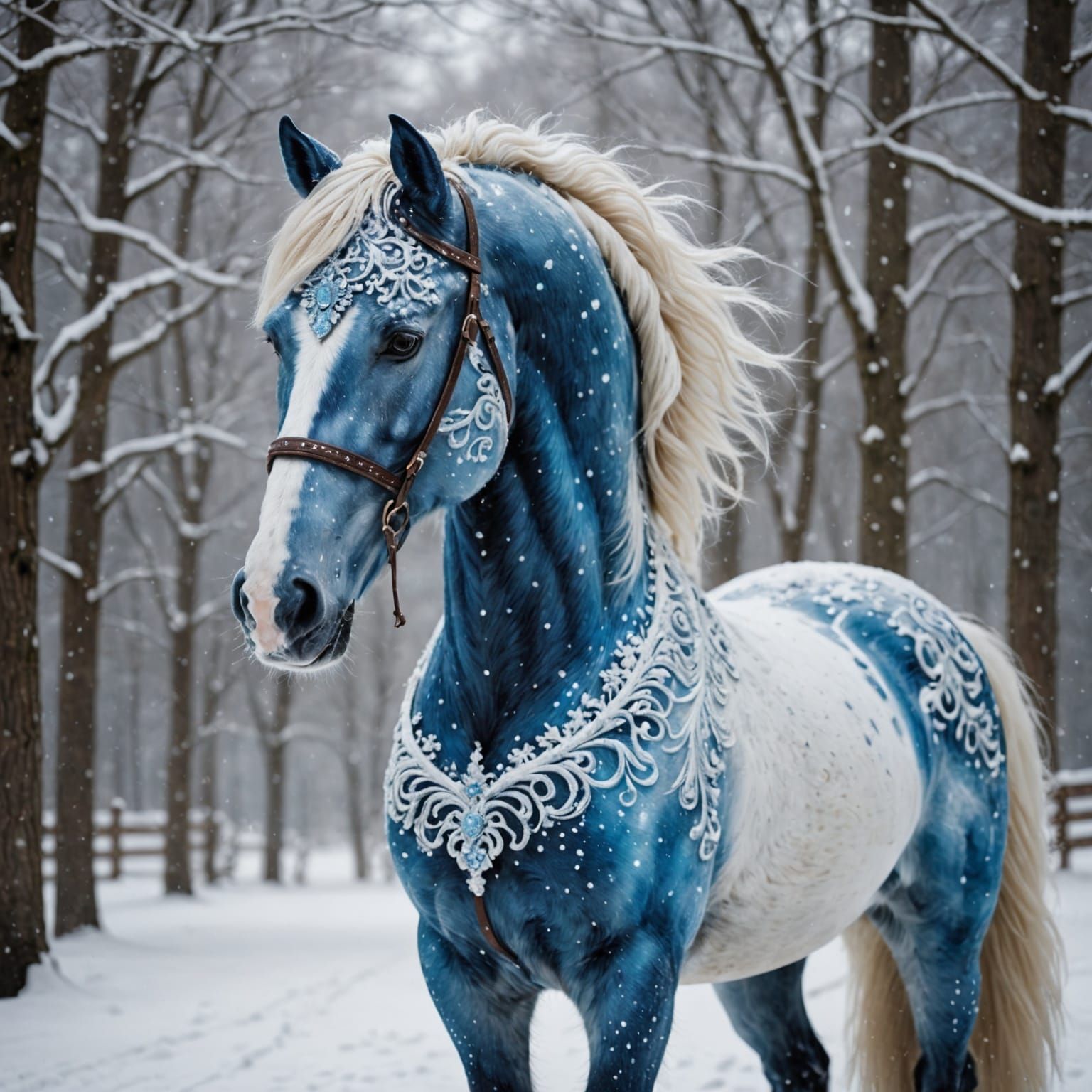 Elegant Snow Horse Portrait with Wintery Details