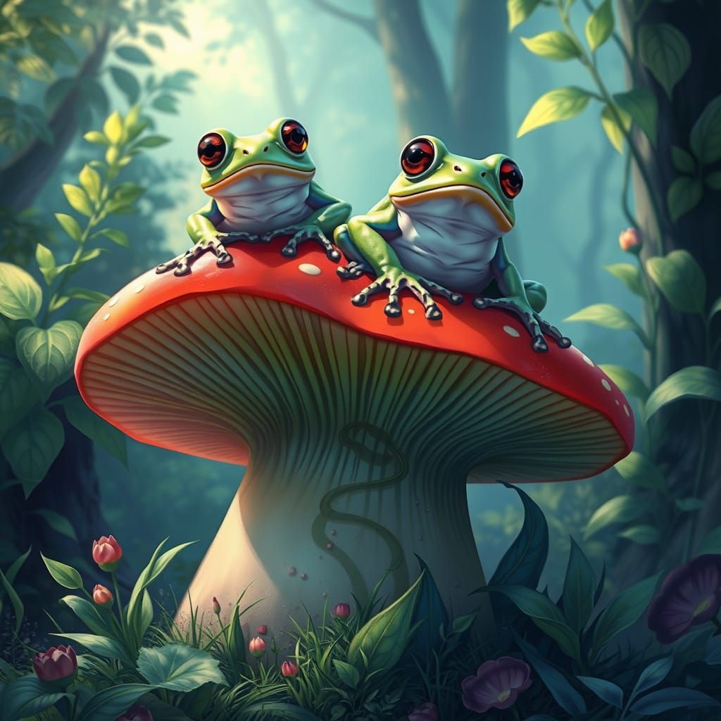 Frogs on a Giant Mushroom in Whimsical Digital Art