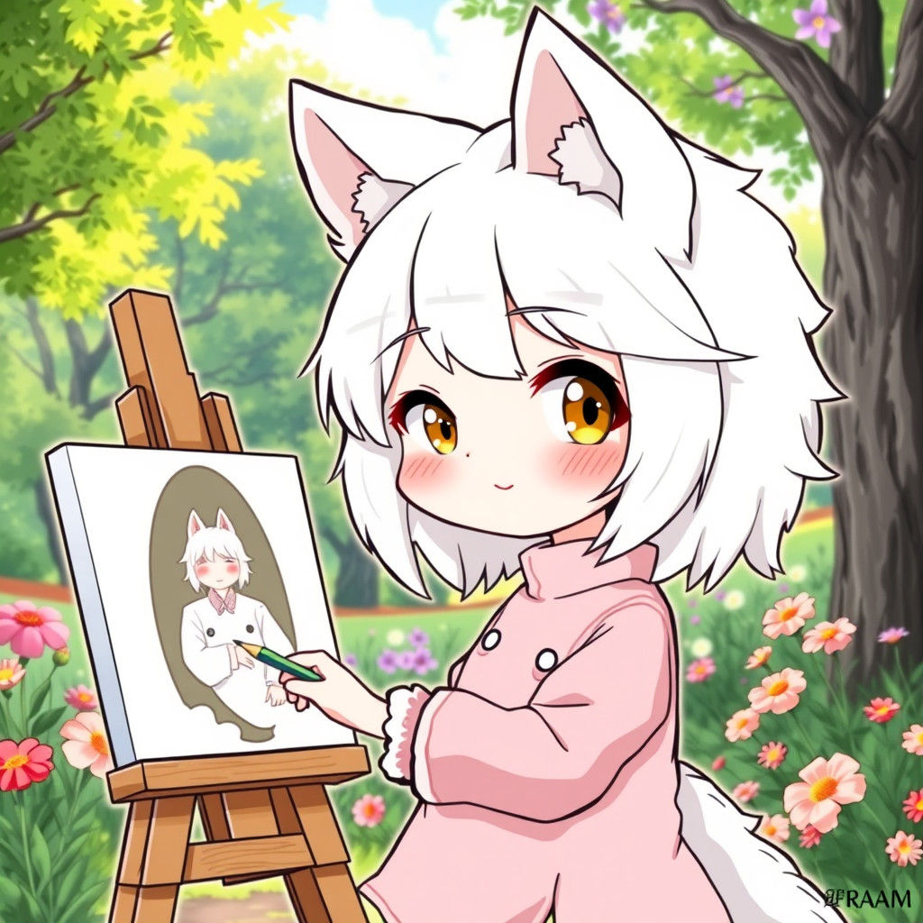 Chibi Wolf Woman Painting in Manga Style