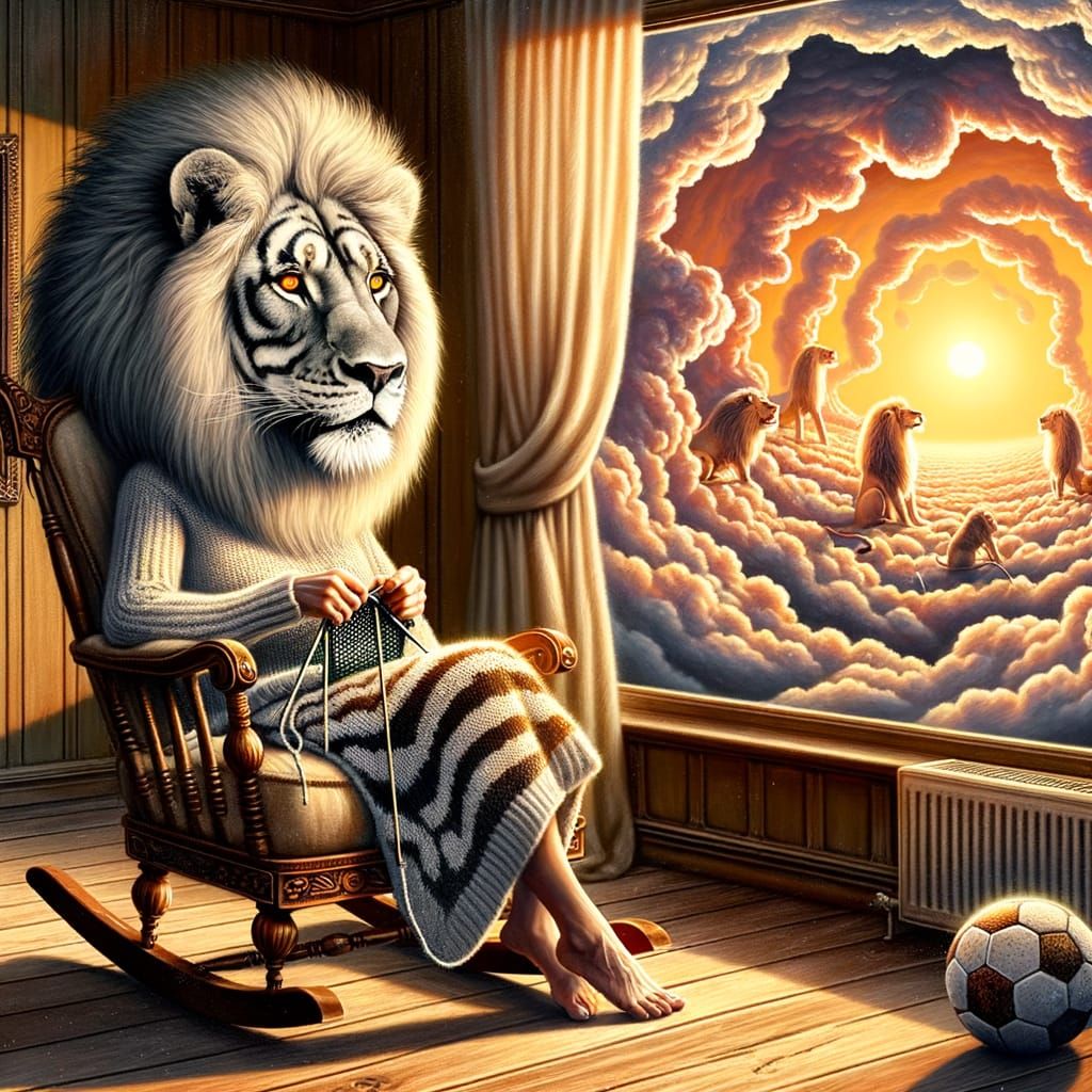 Surreal Lion Woman Knitting at Sunset