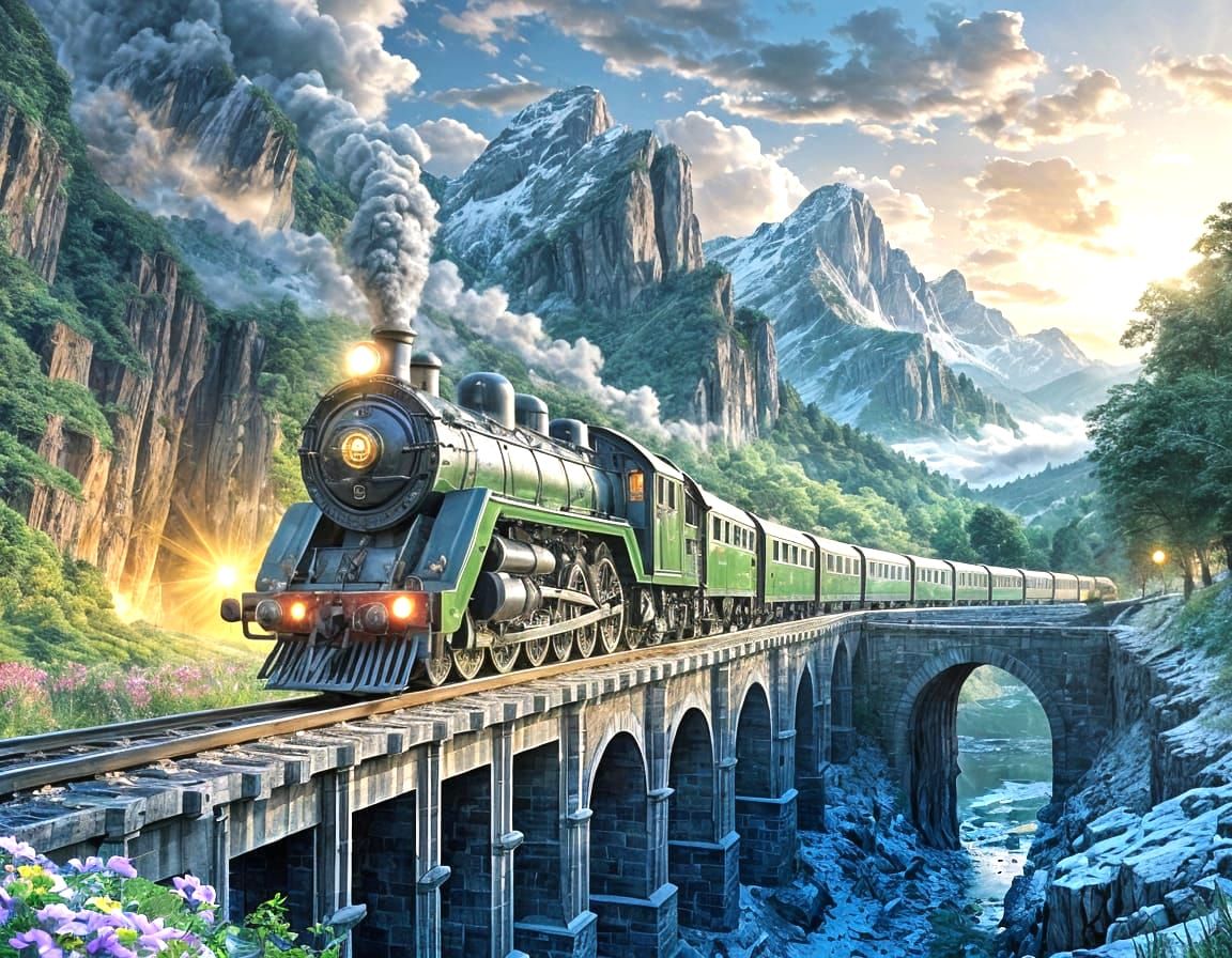 Vibrant Train in Blooming Green Landscape