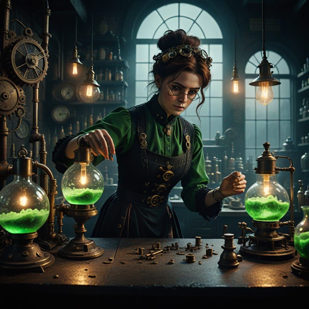 Steampunk Witch Alchemist in Victorian Lab