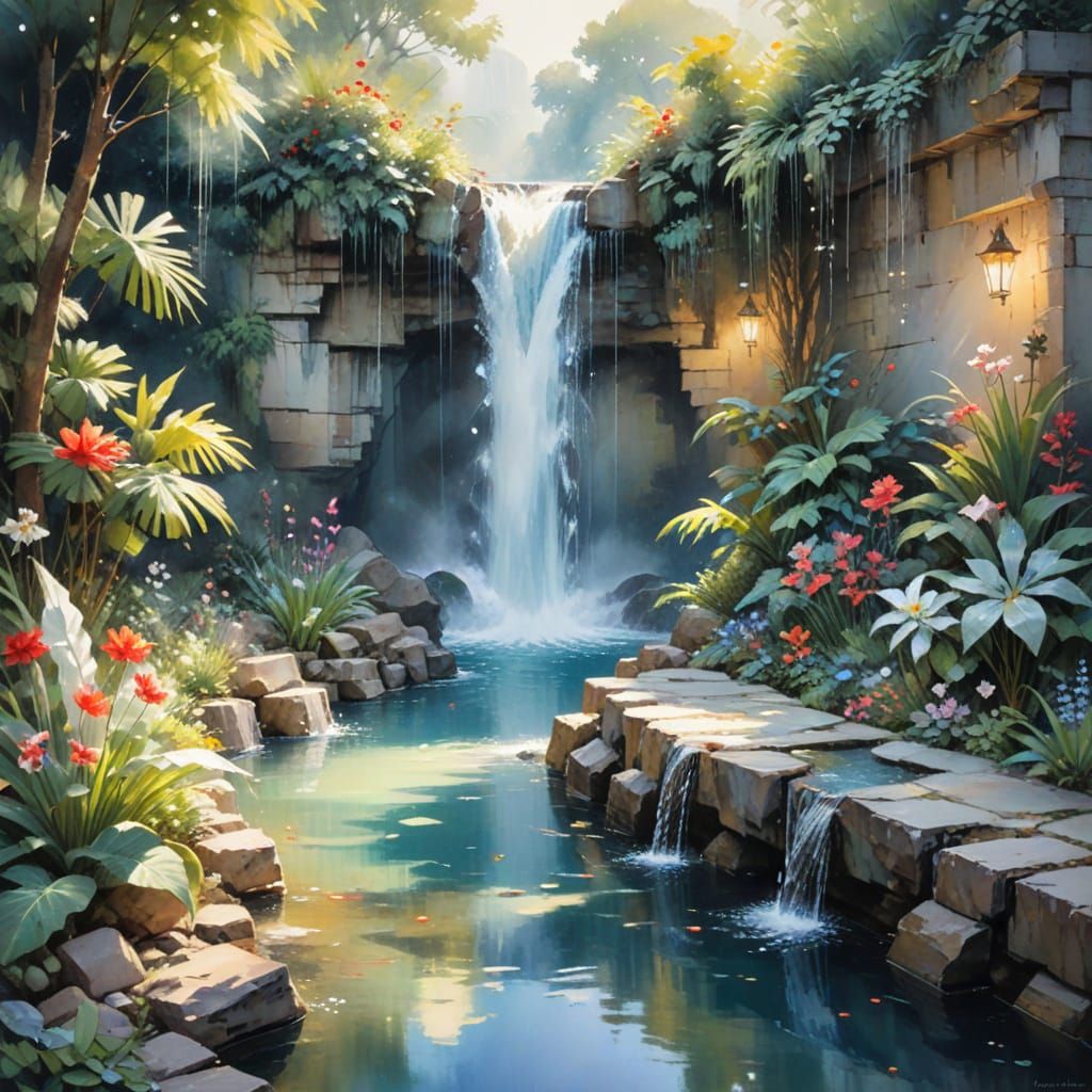 Magical Waterfall Scene in Watercolor Style