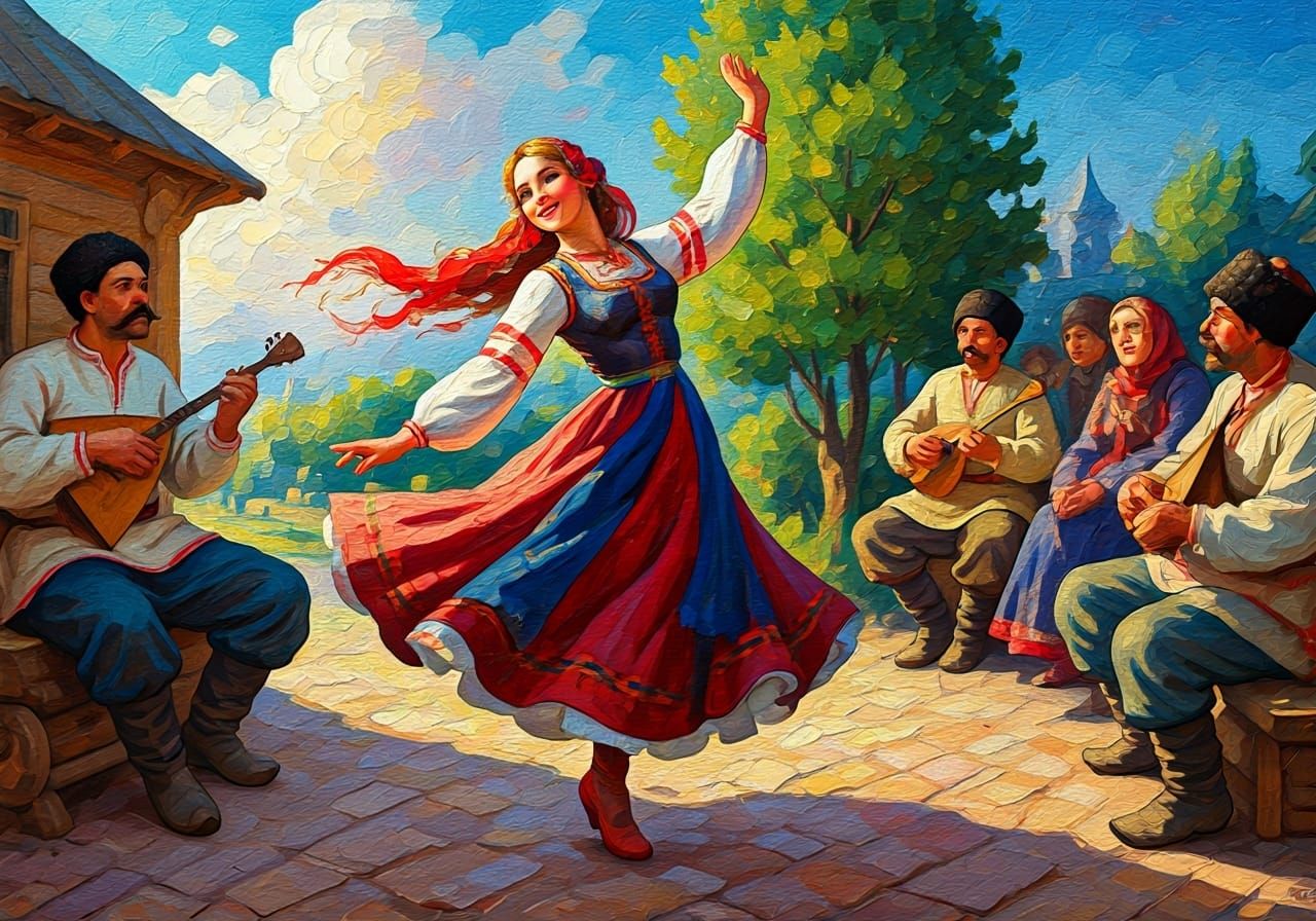 Vibrant Slavic Dancer in Chagall-esque Folk Art