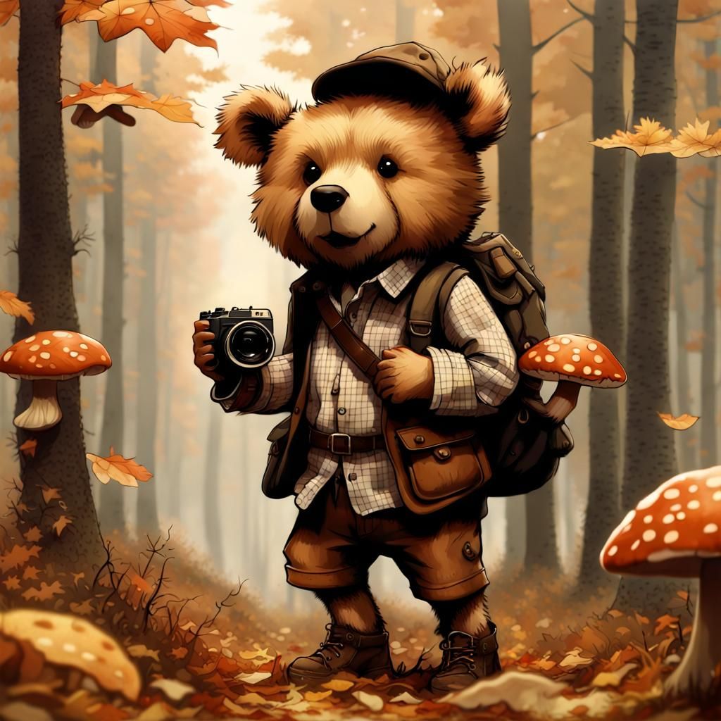 Teddy Bear Adventurer in Autumn Forest, Digital Illustration