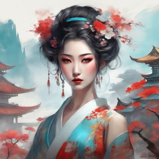 Elegant Geisha Portrait in Splash Art Style