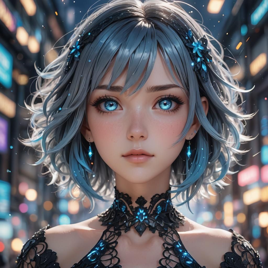Anime Girl in Black Dress with Blue Hair