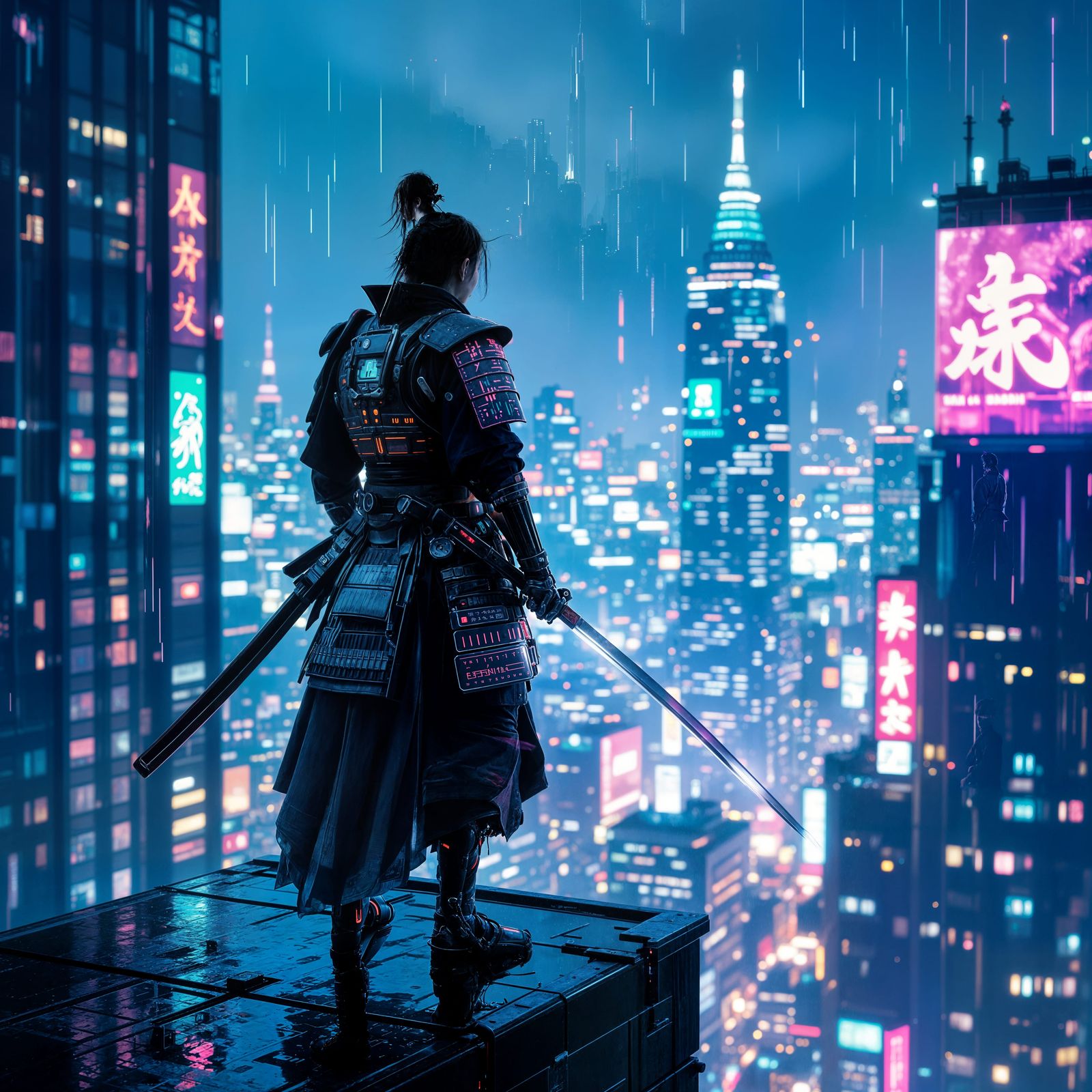 Cyberpunk Samurai on Neon Skyscraper