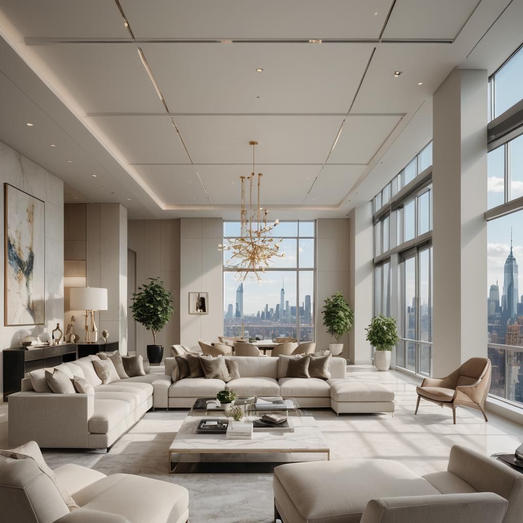 Luxury Penthouse Interior with Manhattan Skyline View