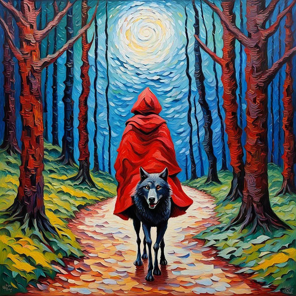 Little Red Riding Hood Rides the Wolf as Impasto Painting