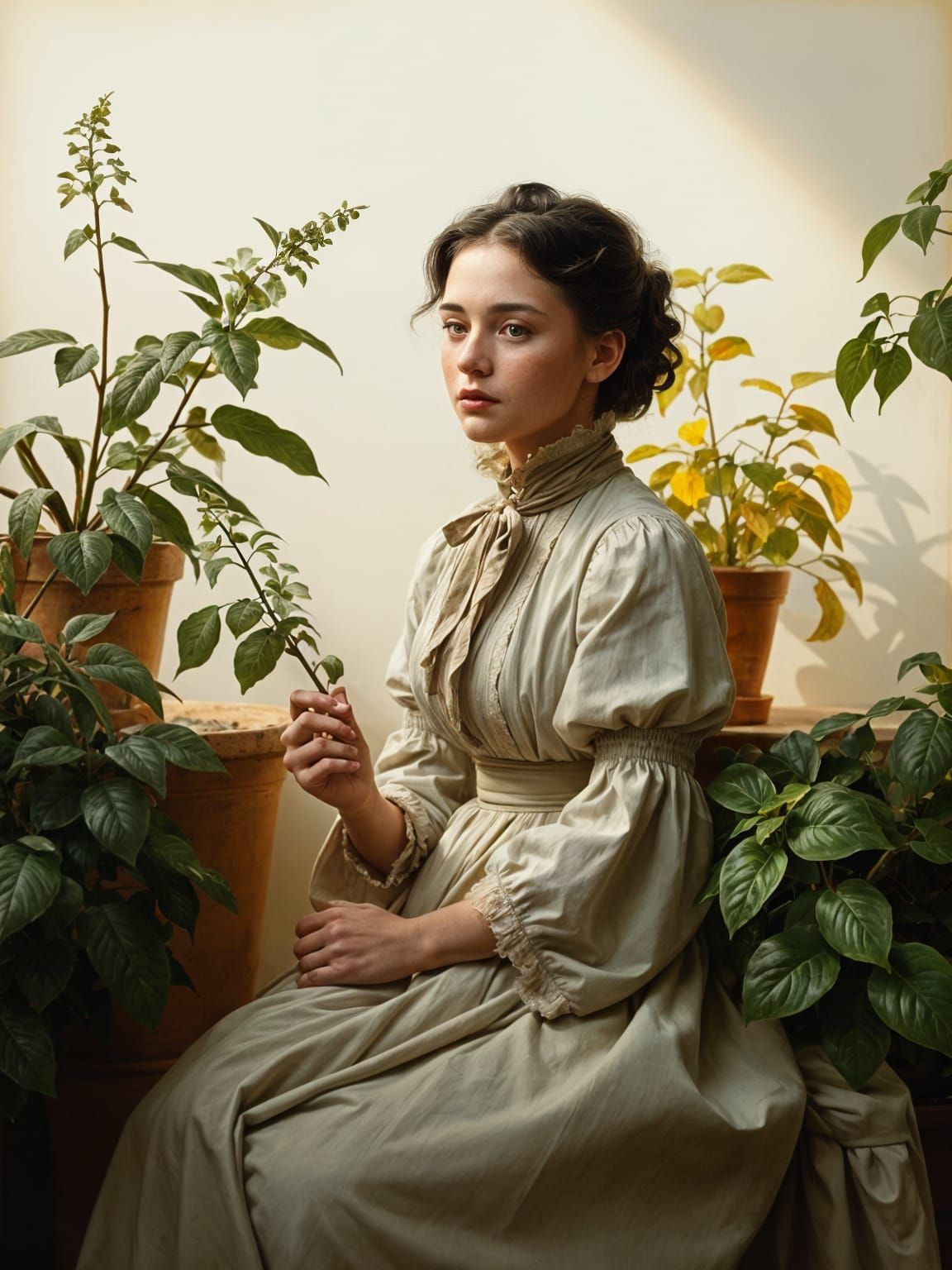 A Young Woman in 19th-Century Attire Among Potted Plants