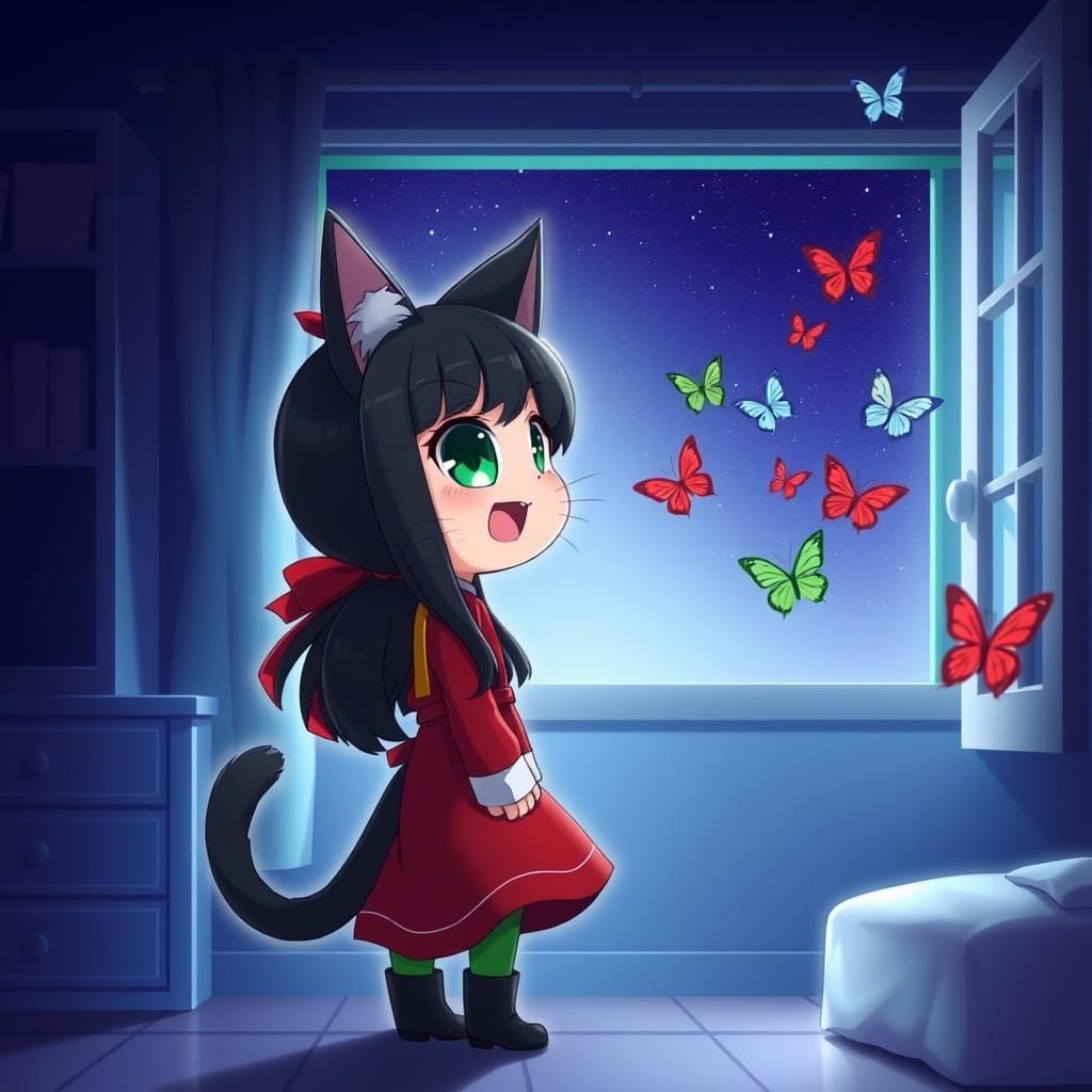 Mysterious Anime Catgirl Surrounded by Whimsical Butterflies