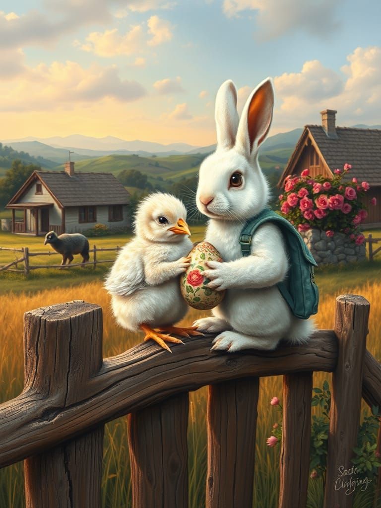 Easter Bunny and Chick in Rural Landscape