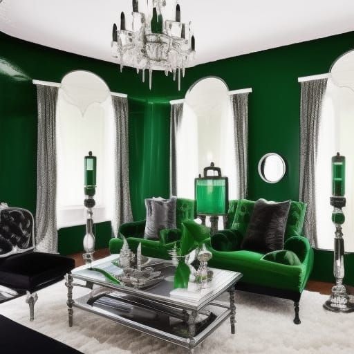 Shimmery emerald Green walls penthouse with Silver accents& Black frames& Black Gothic windows& Black Gothic furniture& ...