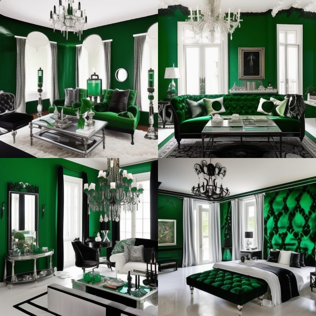 Shimmery emerald Green walls penthouse with Silver accents& Black frames& Black Gothic windows& Black Gothic furniture& ...