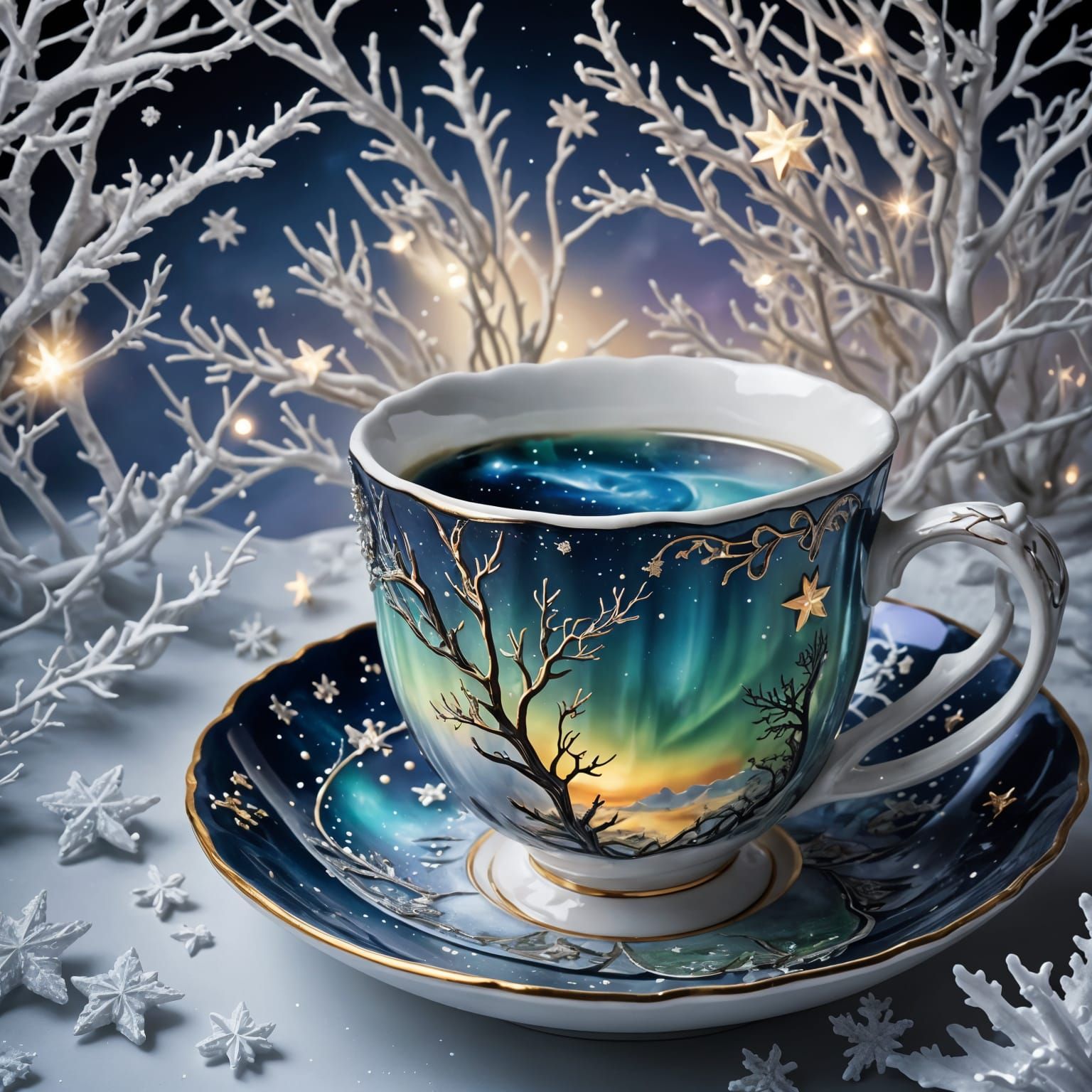 Aurora Borealis Teacup in Polymer Clay Style