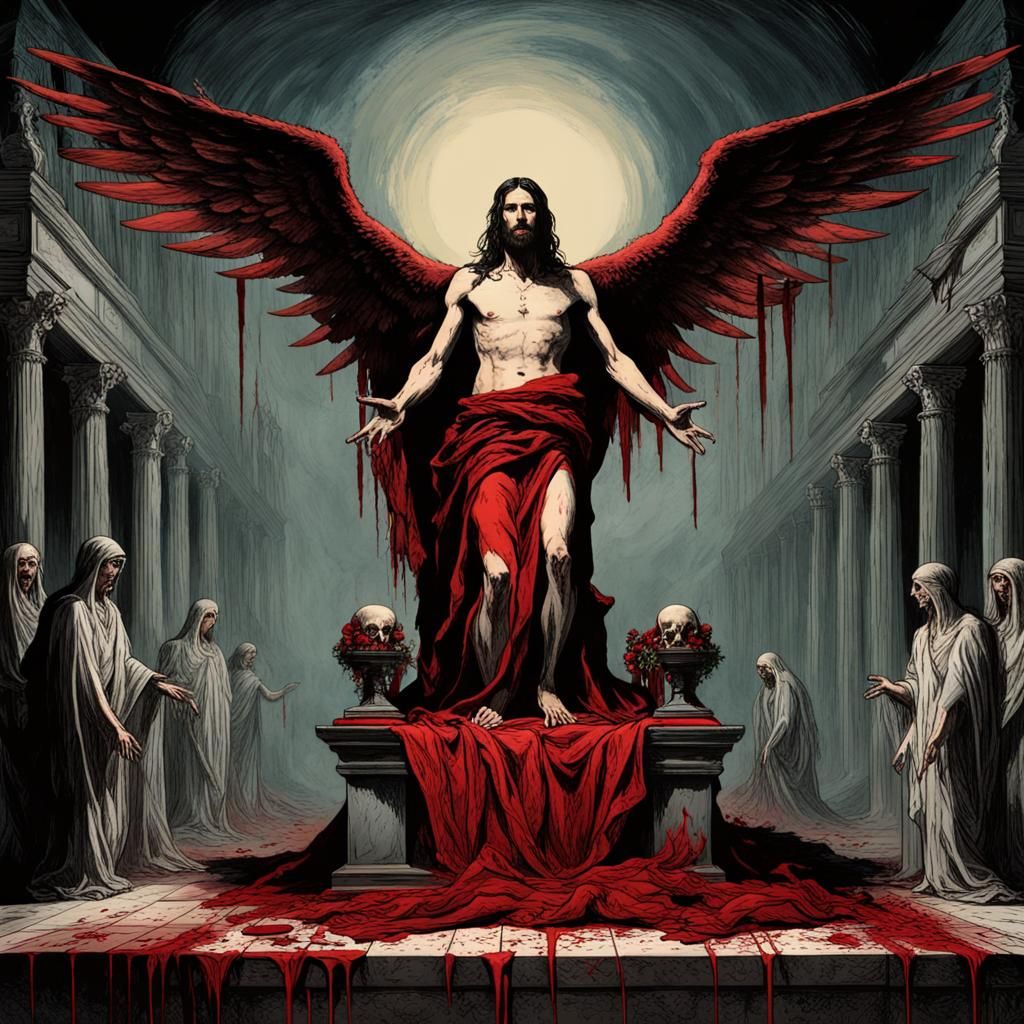 Bloody Satanic Altar Scene in Horror Illustration Style