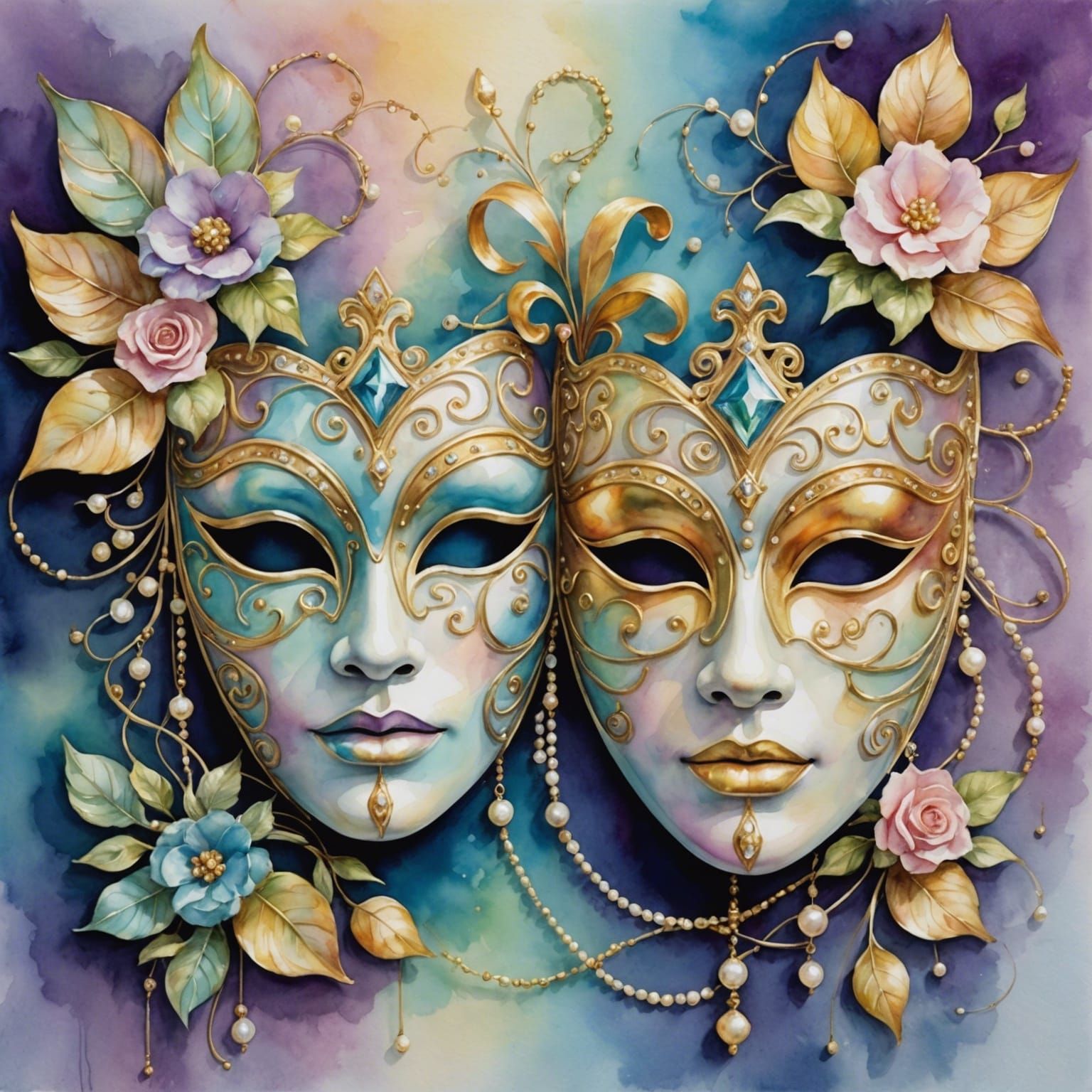 Iridescent Watercolor Masks with Gold Details