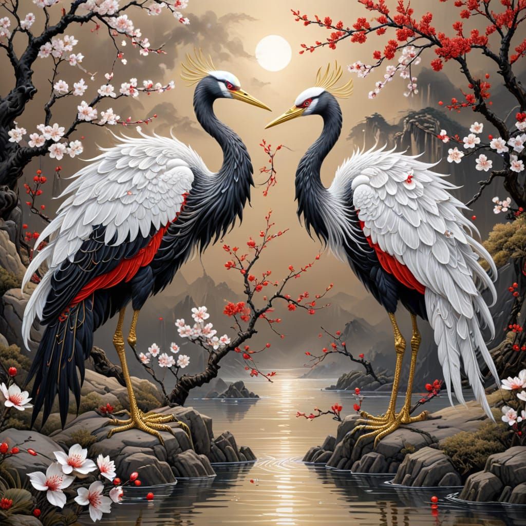 Chinese Cranes of Fate in a Cherry Blossom Lake