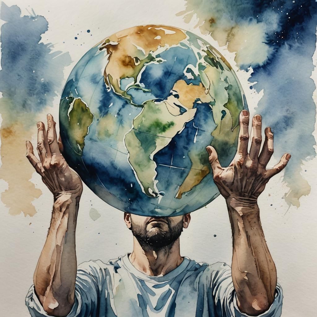 Watercolor Painting of Atlas Holding the World