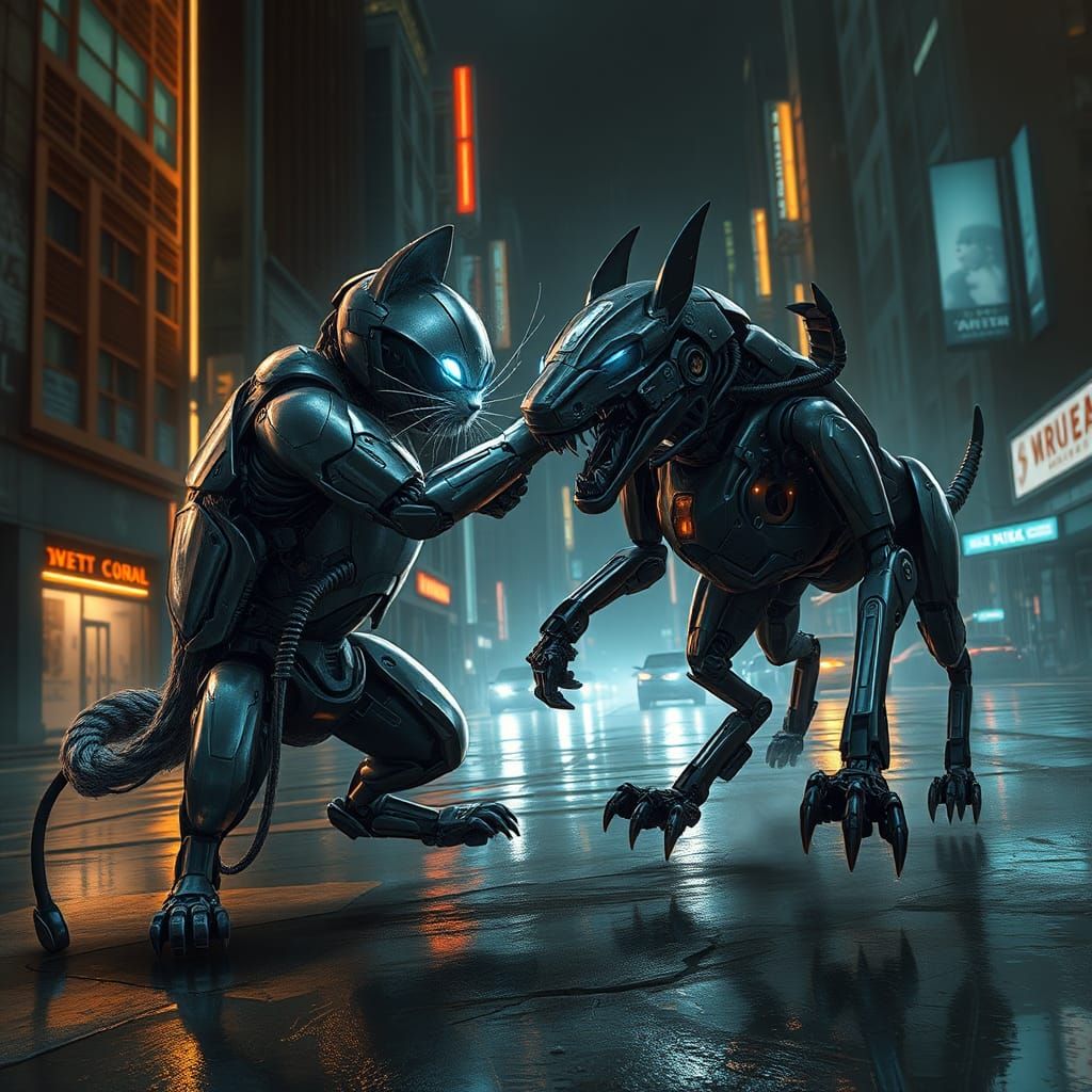 Робот кіт б'ється з роботом собакою