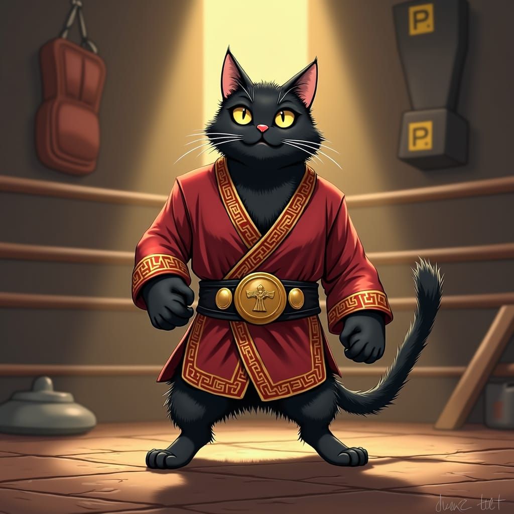 Muay Thai Black Cat Champion in Anime Style