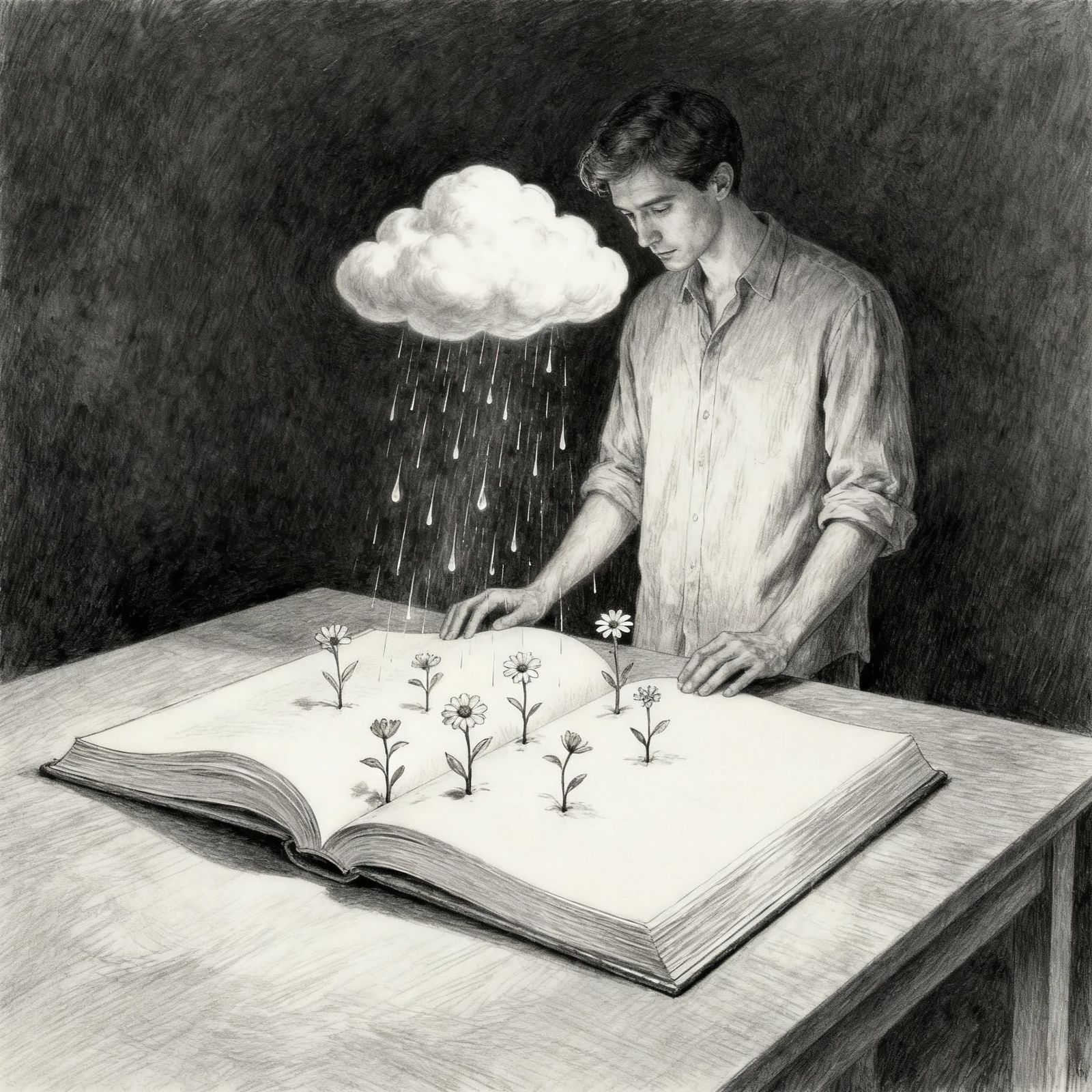 Surreal Man Nurtures Growing Ideas from Rain on Book