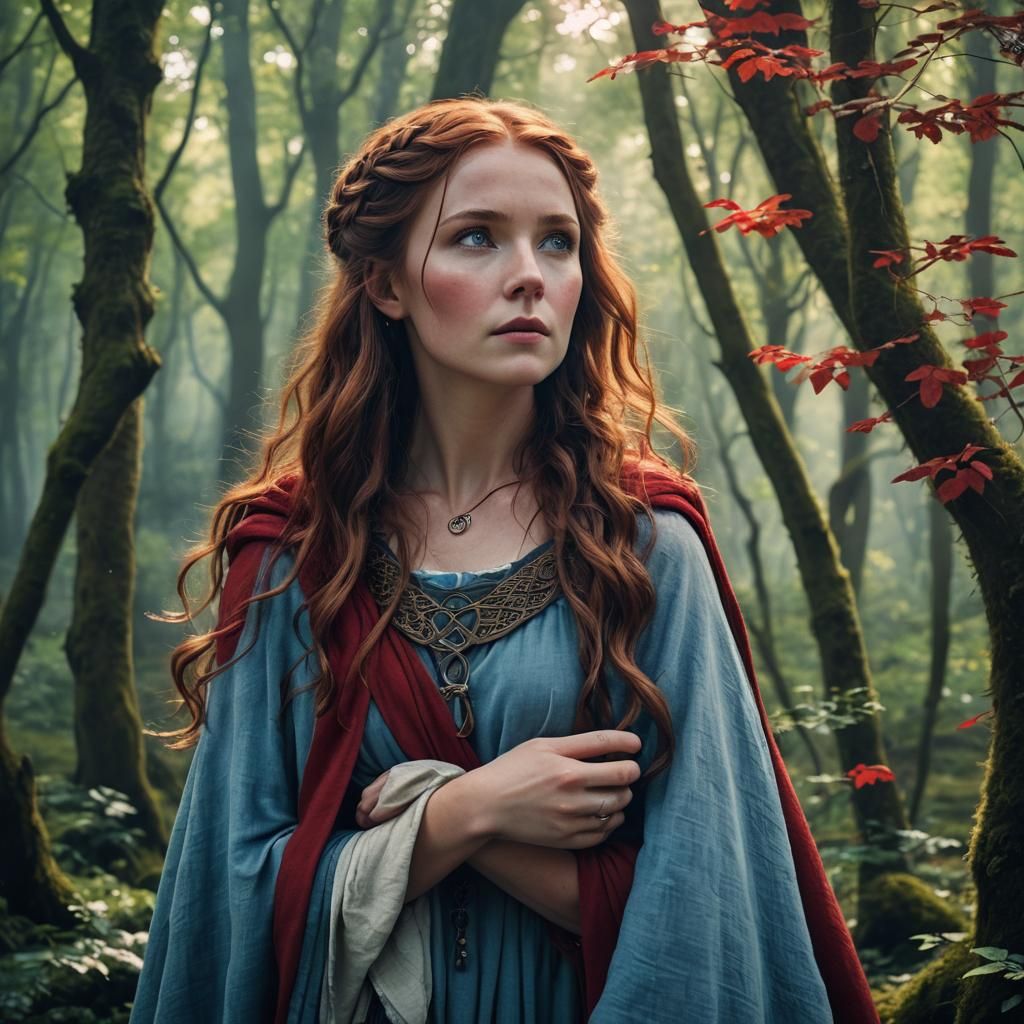 Celtic Woman with Fox in Mystical Forest