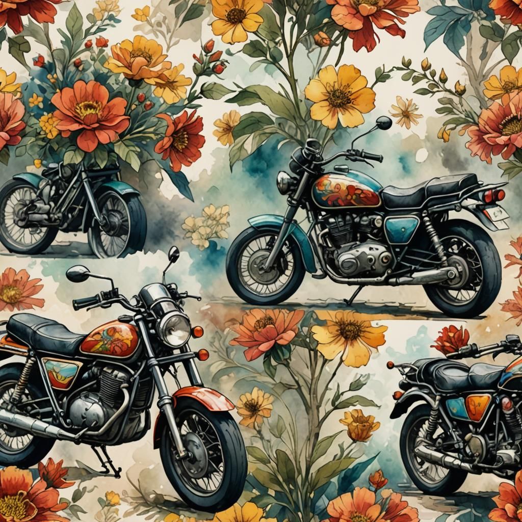 Motorbike with Flowers as Post-Impressionist Illustration