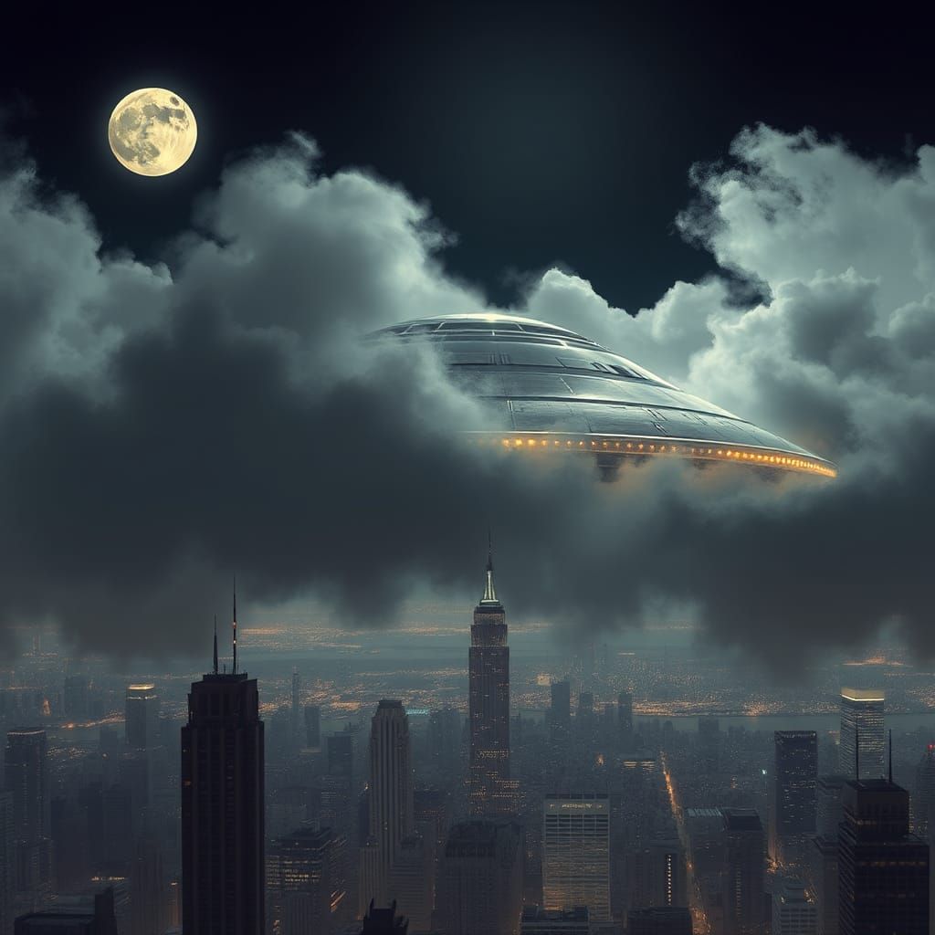 UFO Spherical Shape Under Moonlight, Syd Mead Style