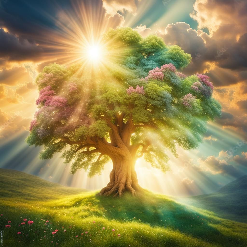 Magical Tree in Mythical Landscape with Flowers