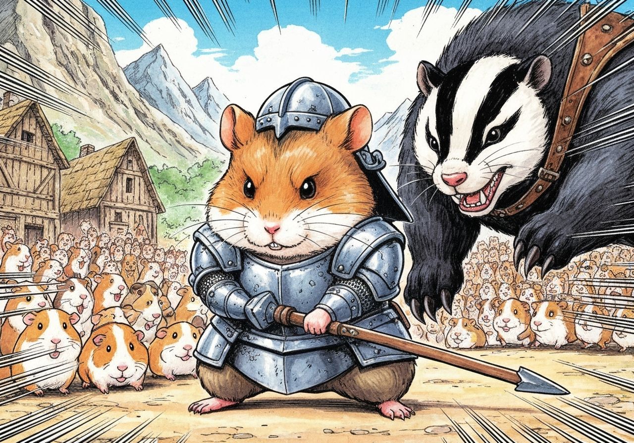 Armored Hamster Defends Village From Badger in Manga Style