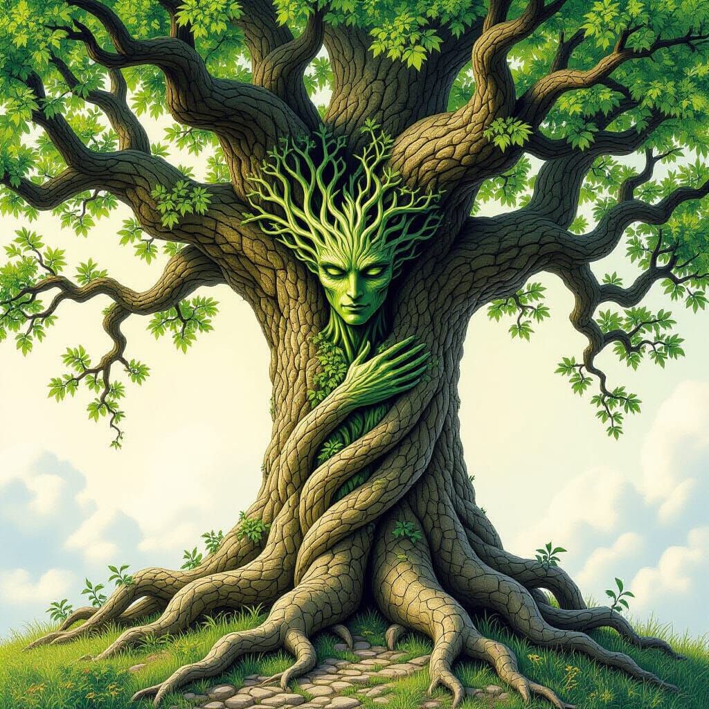 Entwined Oak and Humanoid Figure in Fantasy Style