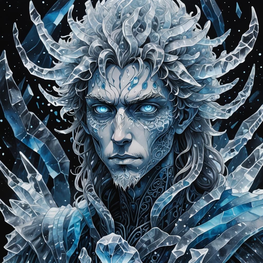 Eldritch Ice Being Portrait in 80s Anime Style